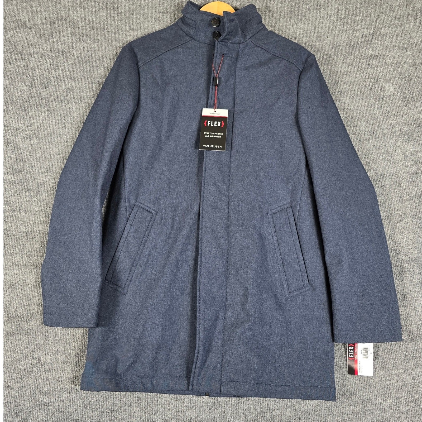 Van Heusen Mens Flex Stand Collar Overcoat Blue Stretch Fabric All Weather Sz S