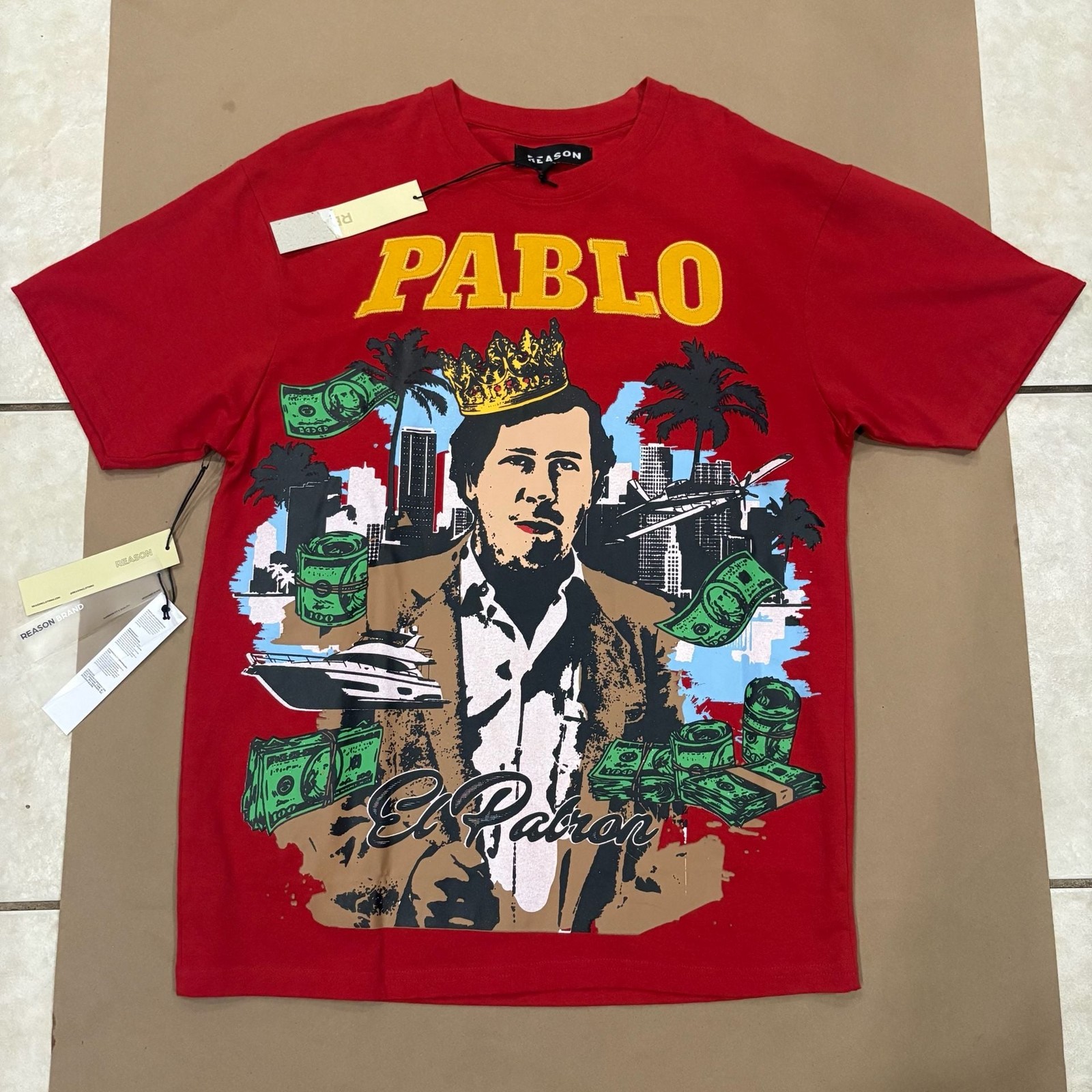 Reason Brand Pablo Escobar El Patron Embroidered Graphic T-Shirt Red