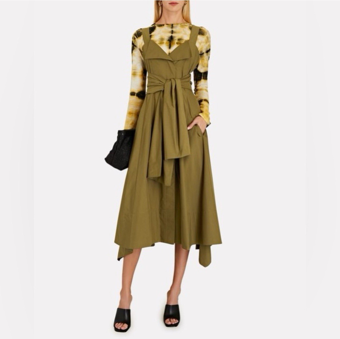 NWT Proenza Schouler Poplin Tie Waist Midi Dress Olive Green Size 8 R2213007