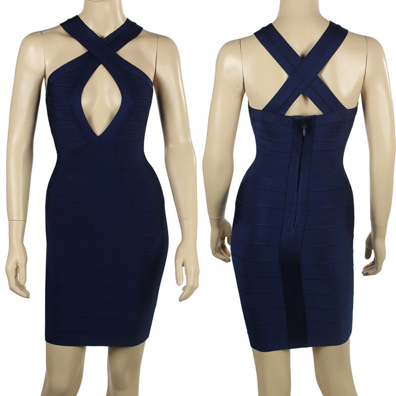 Navy Blue Color Cross Straps Deep V Neck Bandage Dress