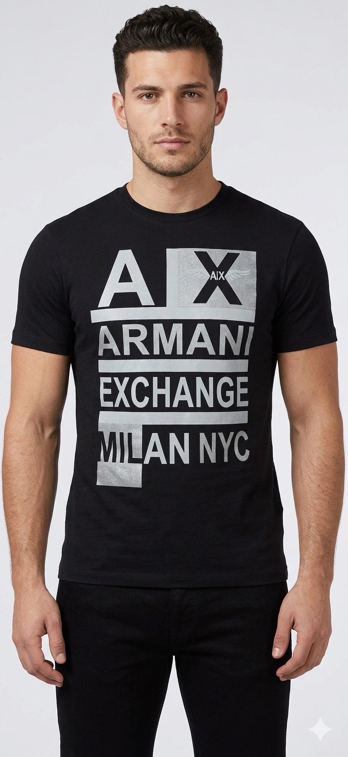 $50 ARMANI EXCHANGE Black STACKED Short Sleeve Slim Fit Designer T-shirt NWT
