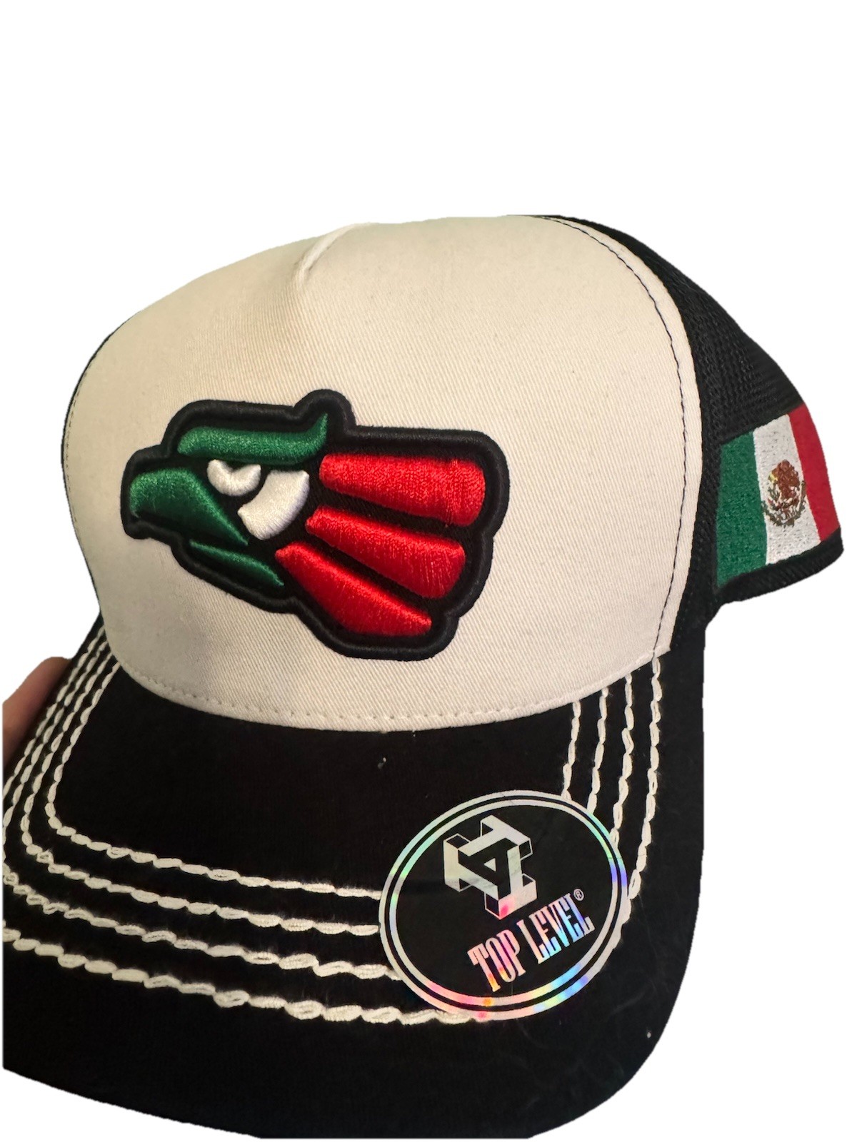 Top Level Mexico Flag Colorblock Baseball Cap Black/White Mesh Back Adjustable