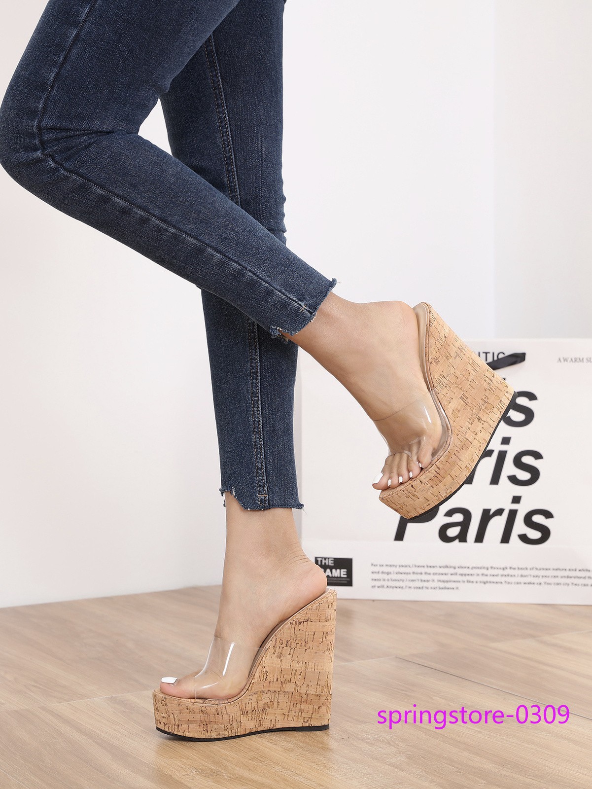Women’s High Wedge Heel Clear PVC Transparent Mules Sandals Platform Shoes Beach