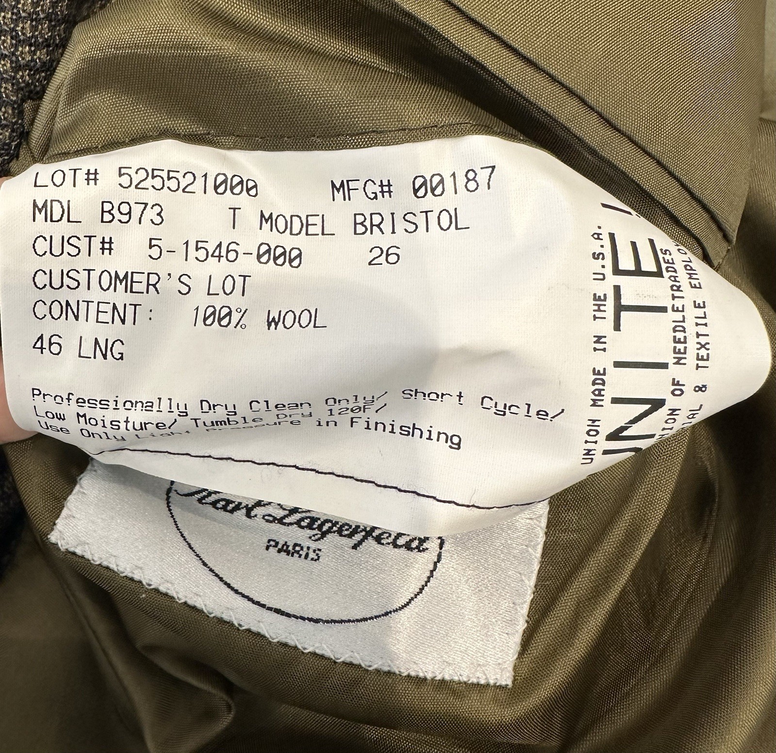 Vintage Karl Lagerfeld Paris Bristol Sport Coat Blazer 46L 100% Wool USA Made