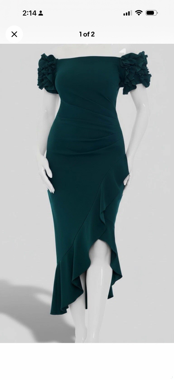 Xscape Off-Shoulder Ruched Ruffle Sleeve Midi Sheath Dress Green 10 Chiffon