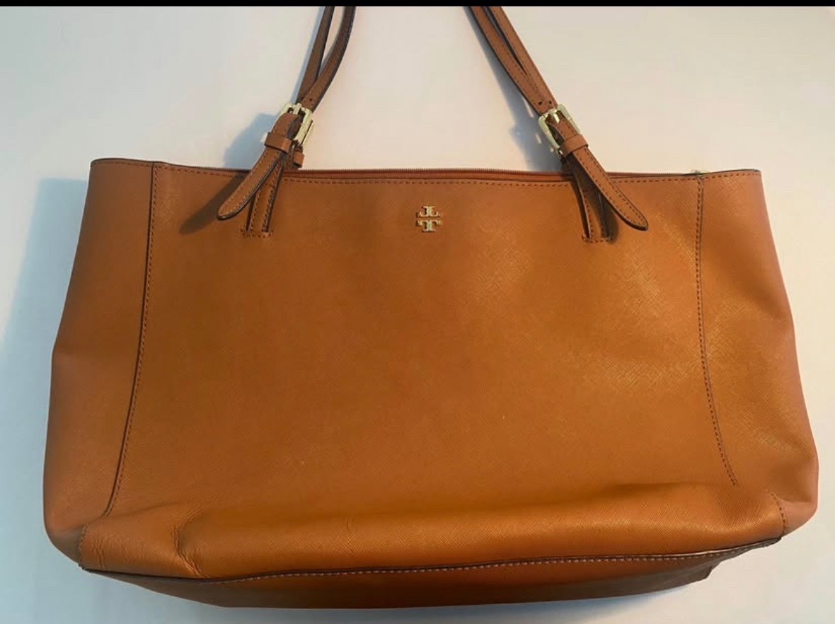 Tory Burch Brown Saffiano Leather. Large buckle tote