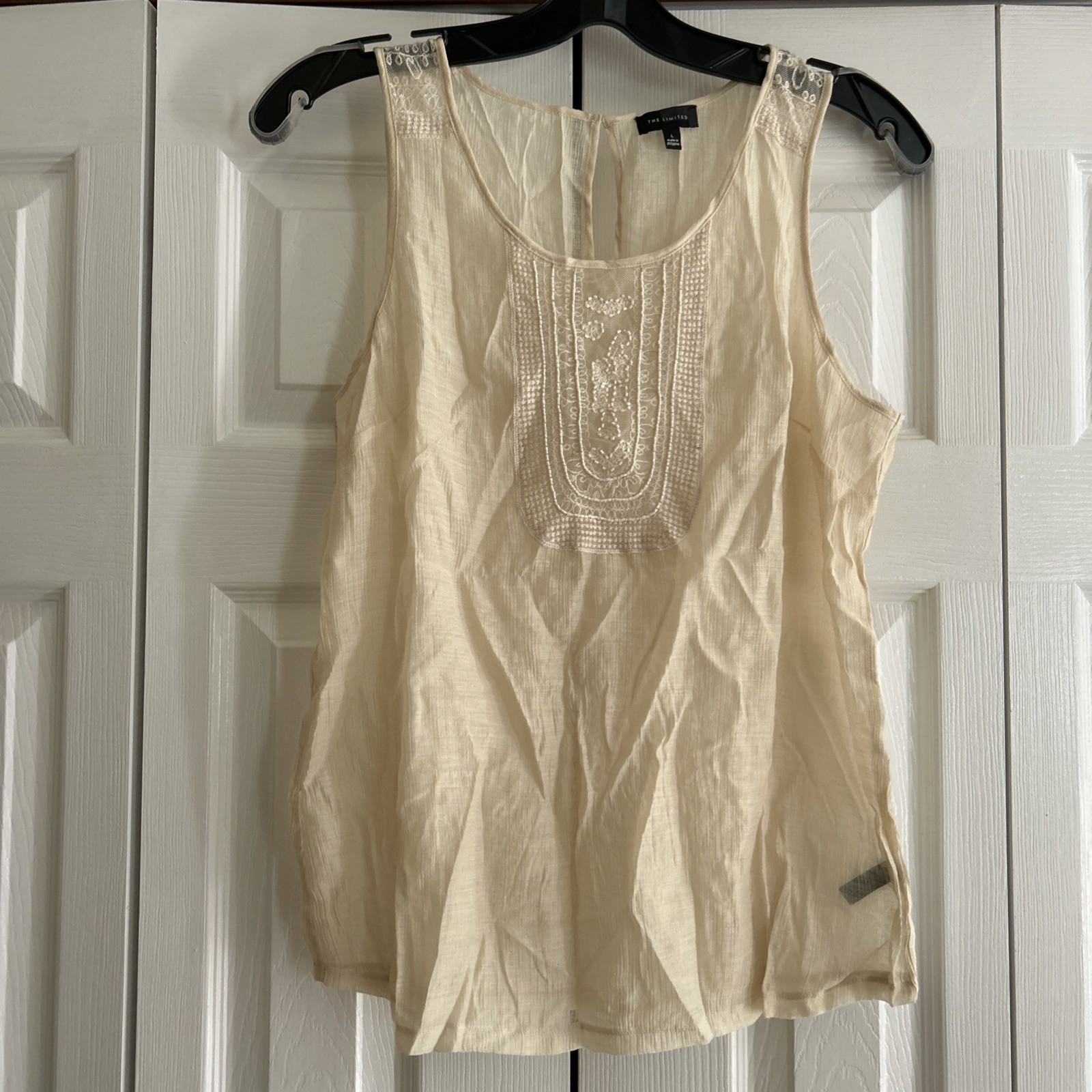 THE LIMITED Top L Ivory Sheer Sleeveless Embroidered, Lace & Beading EUC