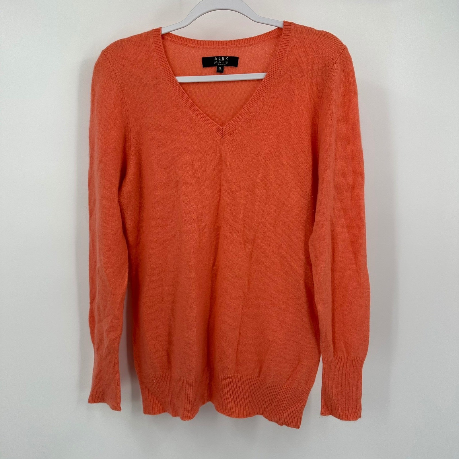 Alex Marie Womens Quiet Luxury Cashmere Sweater Sz XL Coral Orange V-Neck Preppy