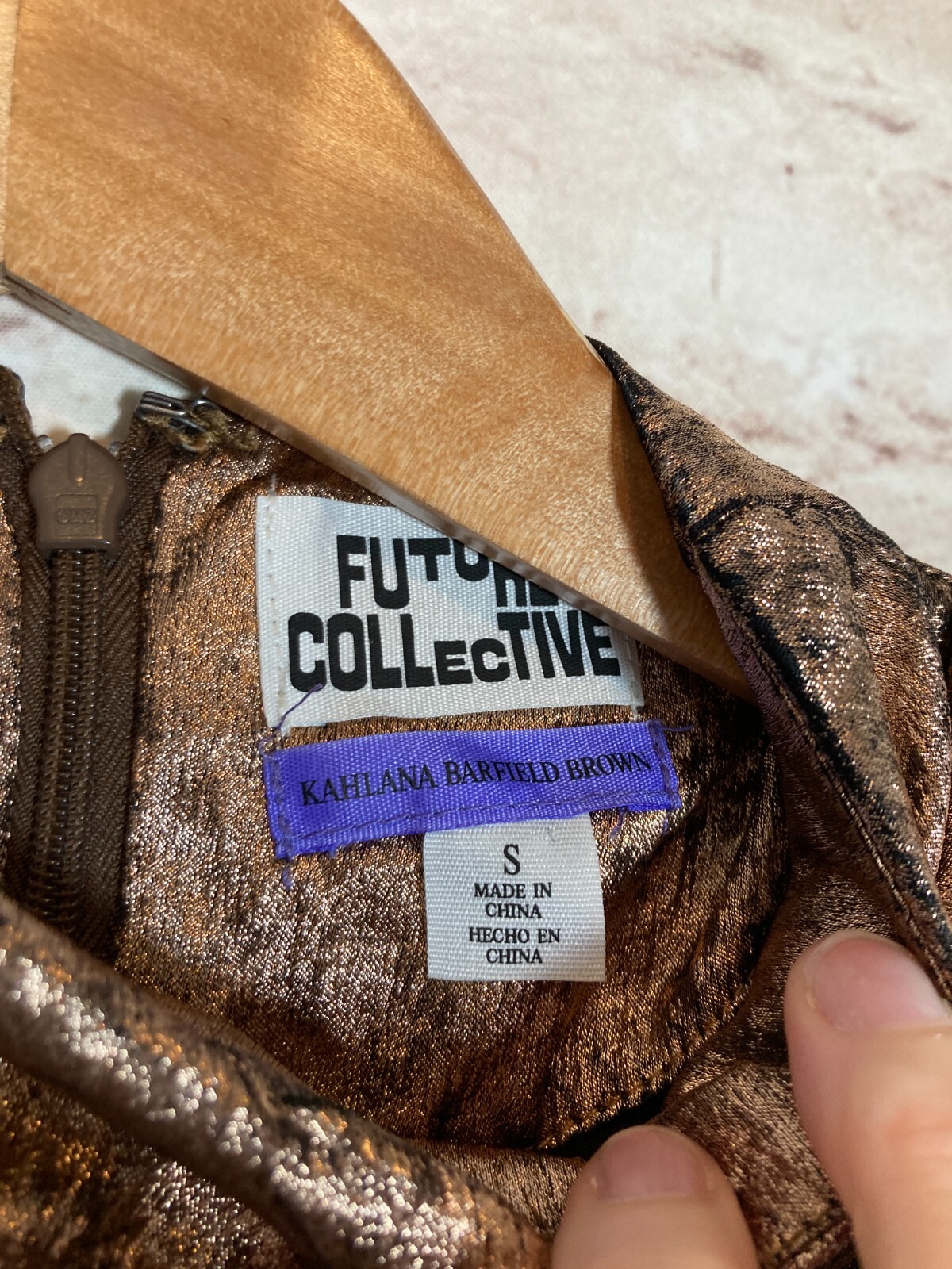 Future Collective Kahlana Barfield Brown Top Womens Small Copper Satin Shimmer