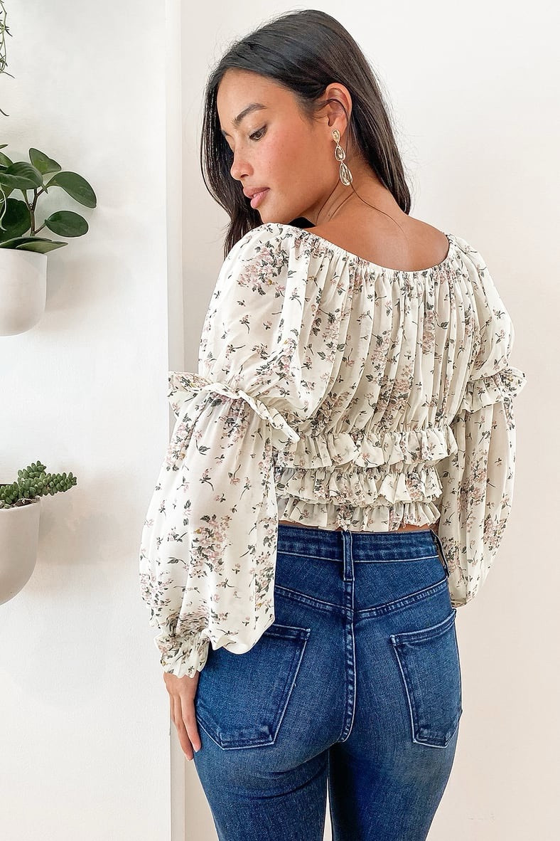 Cream Ruffled Off the Shoulder Peasant Top Womens Large Cottagecore Romantic