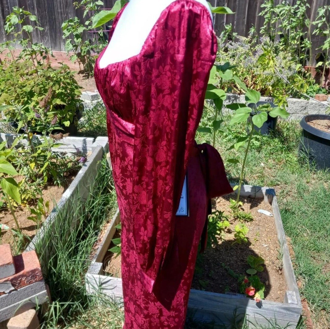 NWT B. Darlin Romantic Rose Print Satin Maxi Gown in Cherry Burgundy Size 1/2