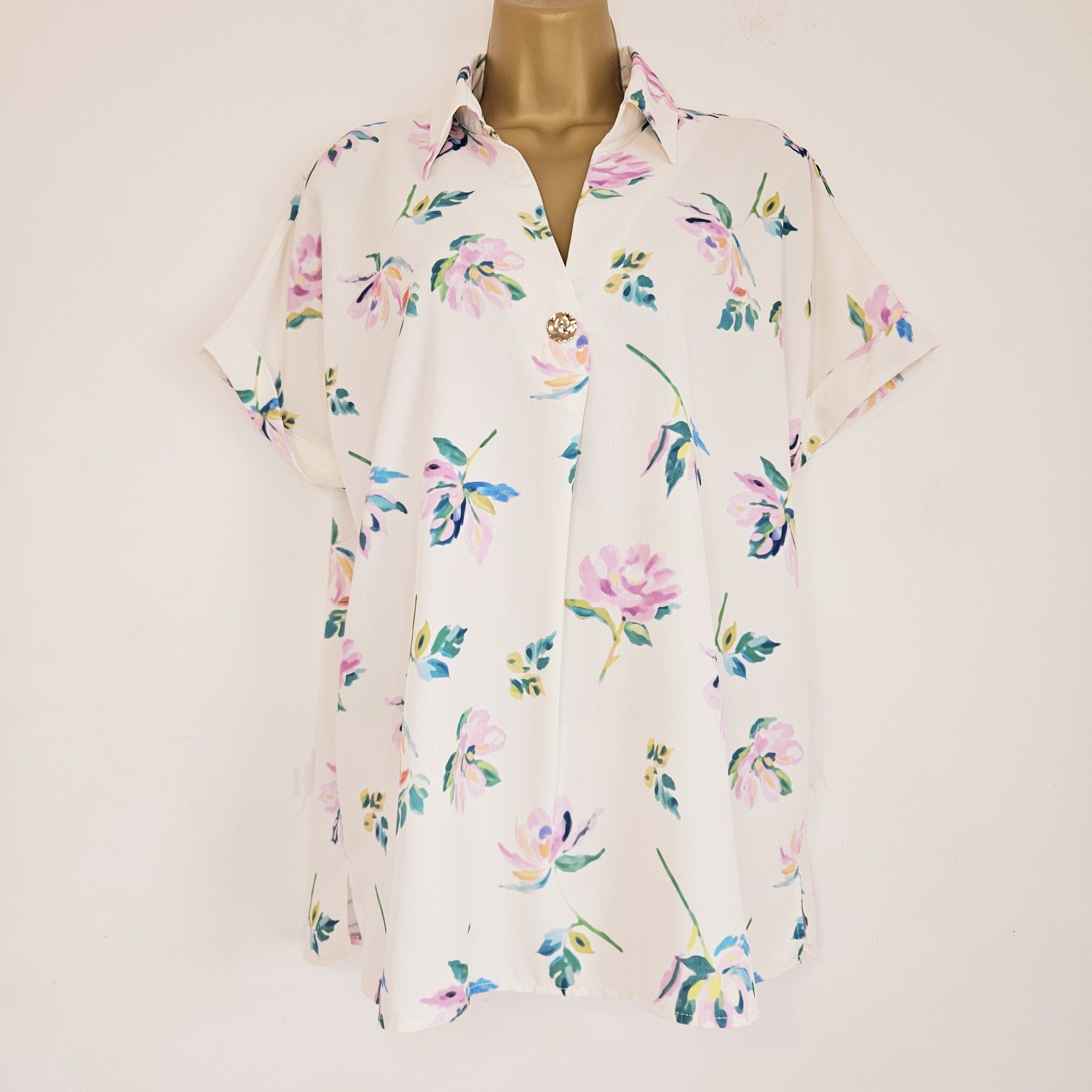 NEW DP 8-22 Crepe Chiffon Collared Floral Print White Pink Blue Green Blouse Top