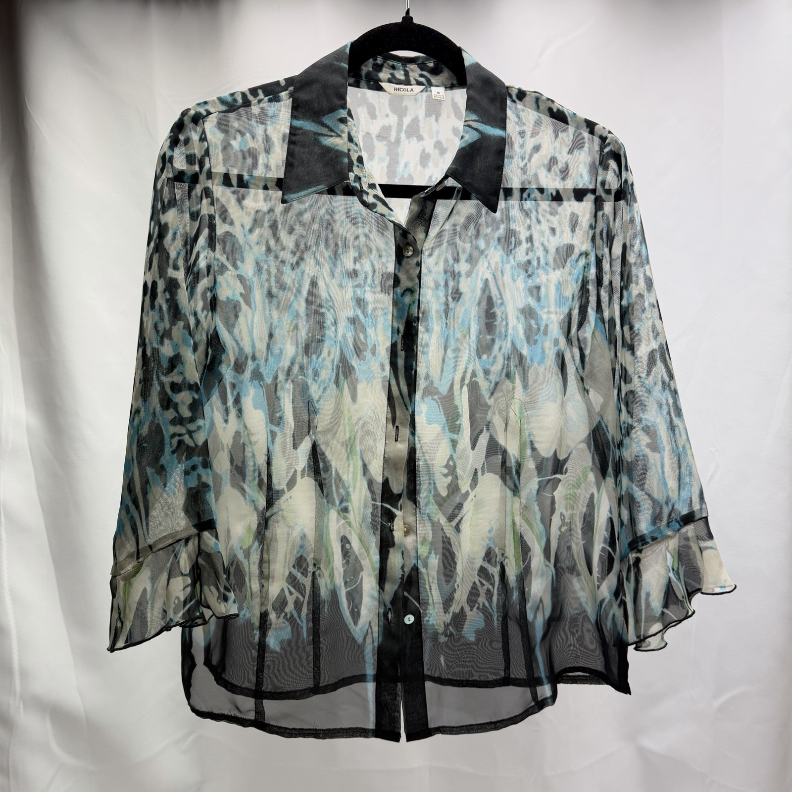 Nicola Sheer Button Front Blouse Women’s Small Blue Gray Animal Print