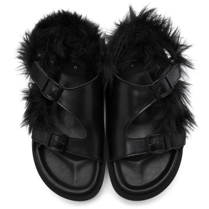 Sacai Black Leather Adjustable Buckle Sandals with Fur Trim ($685) Size 7