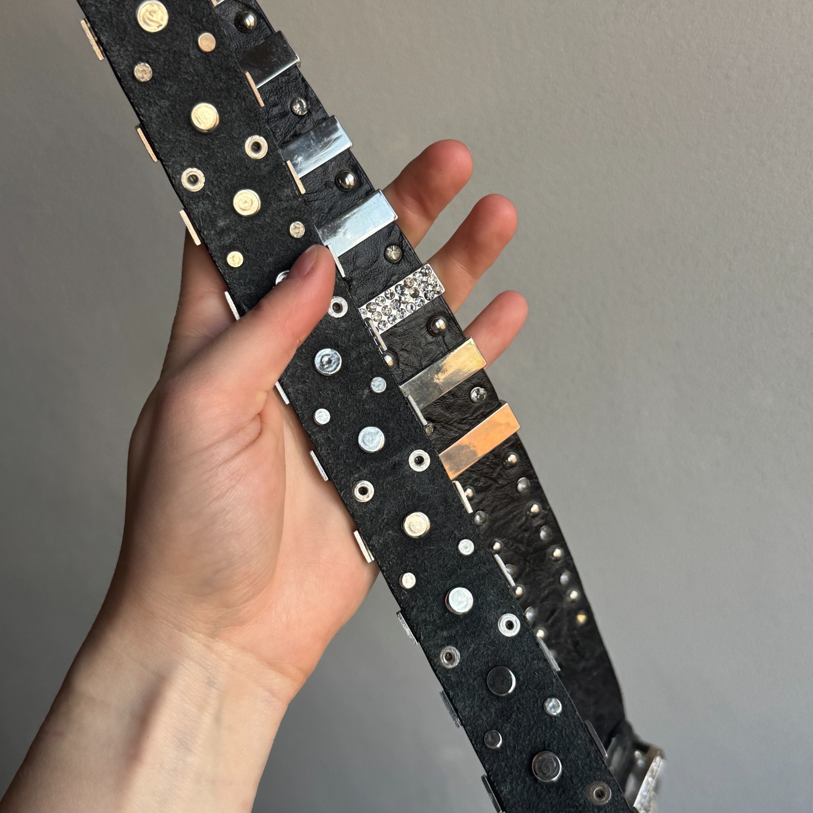 Y2K Black Studded Rhinestone Leather Belt Punk Goth Rockstar Heavy Hardware