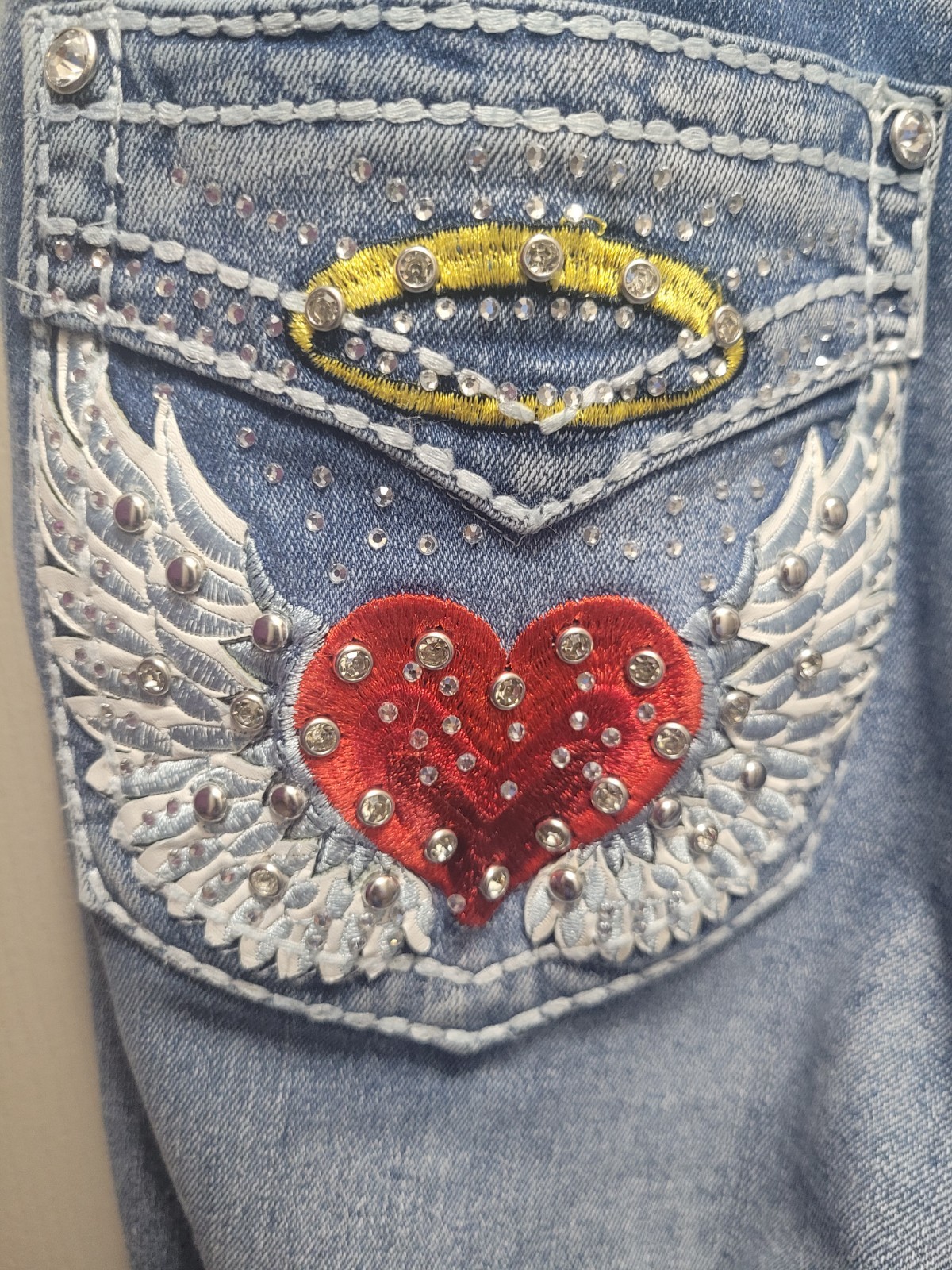 Sky Heart Angel Wing Halo Rhinestone Denim Flare Jeans Size 13/14