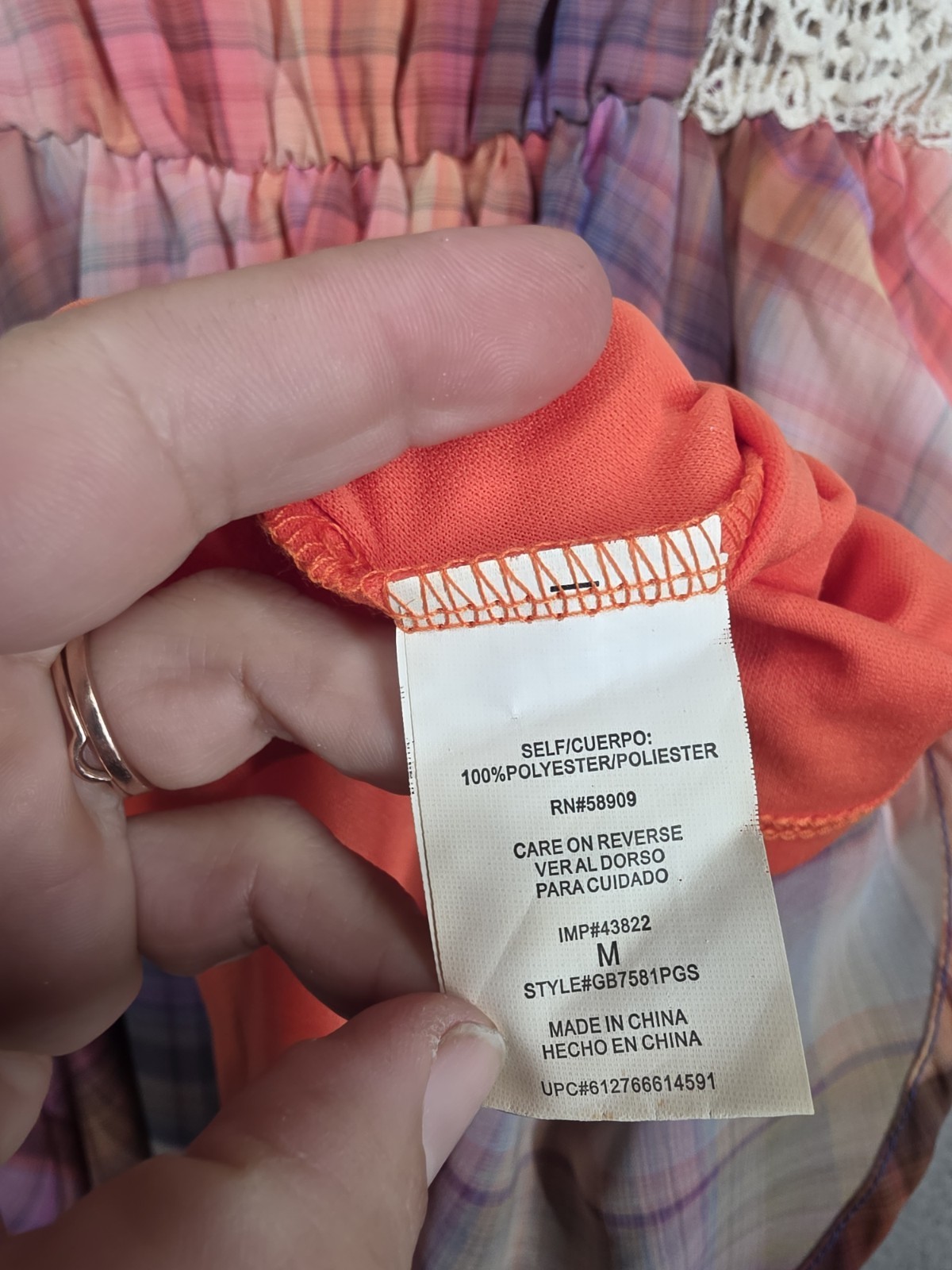 Plaid Fit And Flare Dress Medium GB Crochet Trim Orange Purple Sundress Knee Lgt