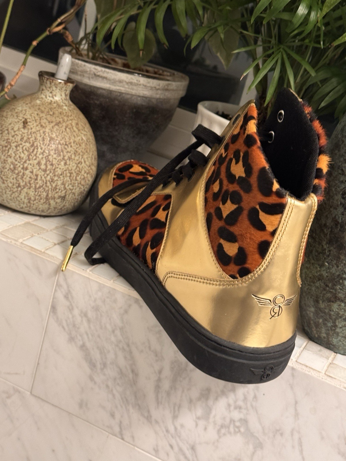 Creative Recreation Cesario men’s Hi Top sneakers Gold Leather Animal Print 10 M