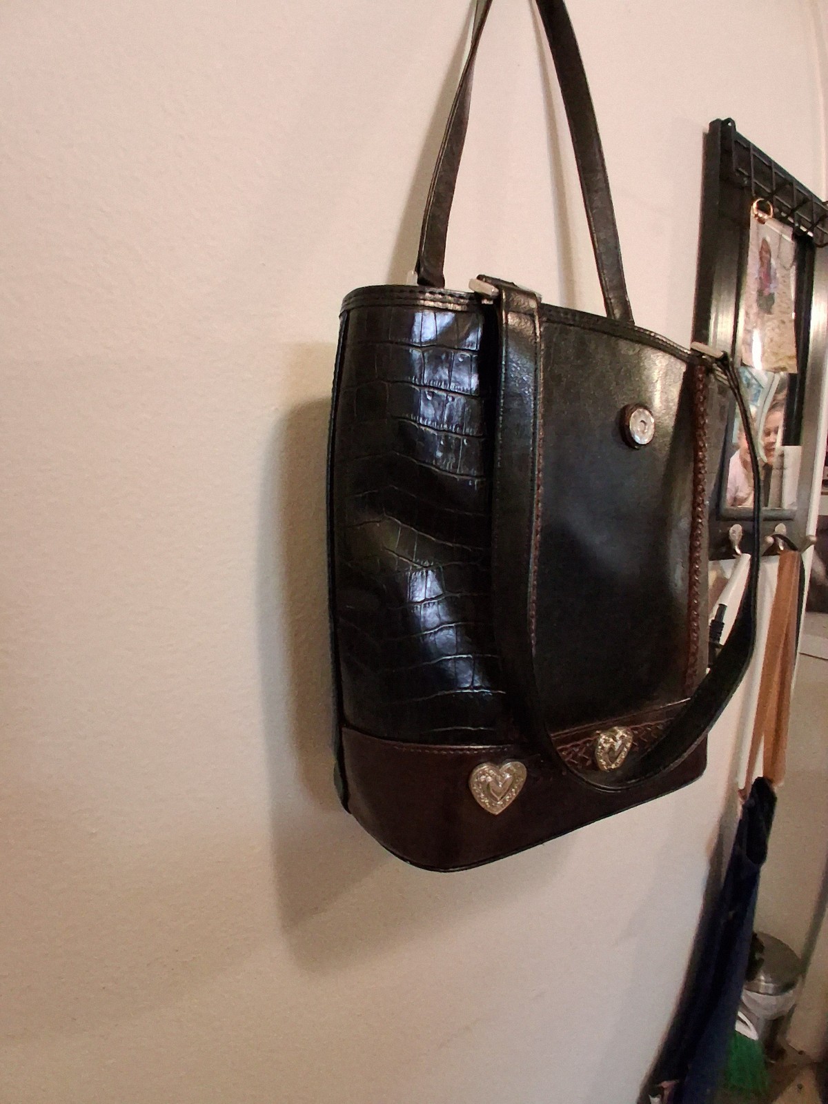 Brighton Black & Brown Croc Embossed Tote Shoulder Bag Heart Accents silk lined