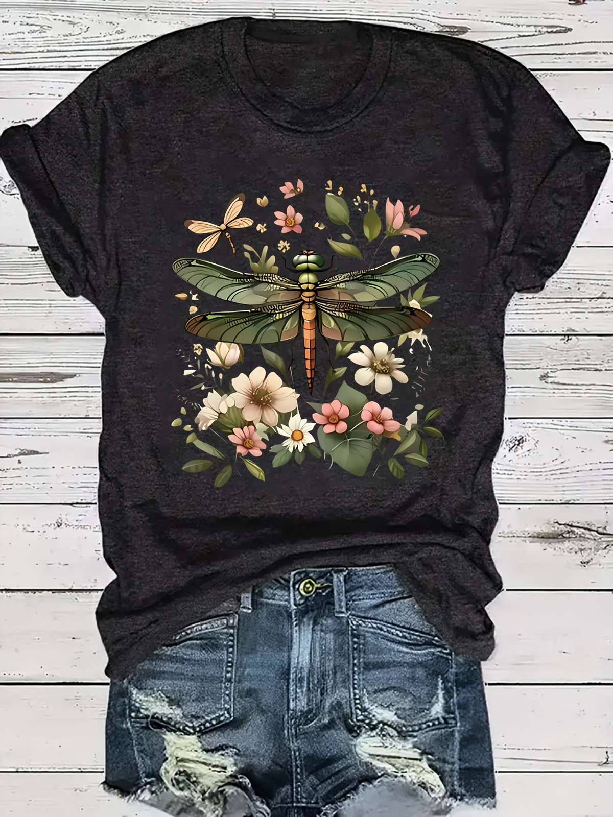 Dragonfly & Wildflower Nature Graphic T-Shirt – Botanical Black Tee