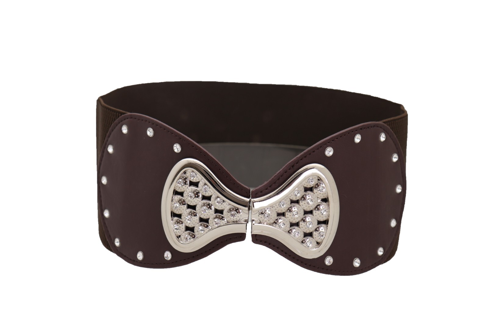 Women Dark Brown Wide Elastic Gift Present Belt Silver Metal Bow Tie Buckle S M