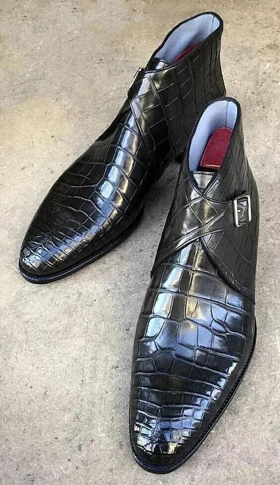 Handmade Mens Leather Black Alligator Text Formal Monk Dress Ankle Boots For Men