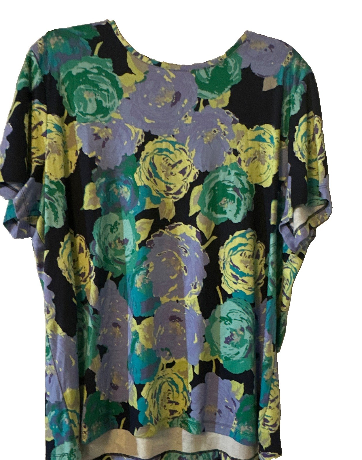 Croft & Barrow Women Sz 2X Black Multi Floral Crew Neck SS Stretch Knit Top NWT