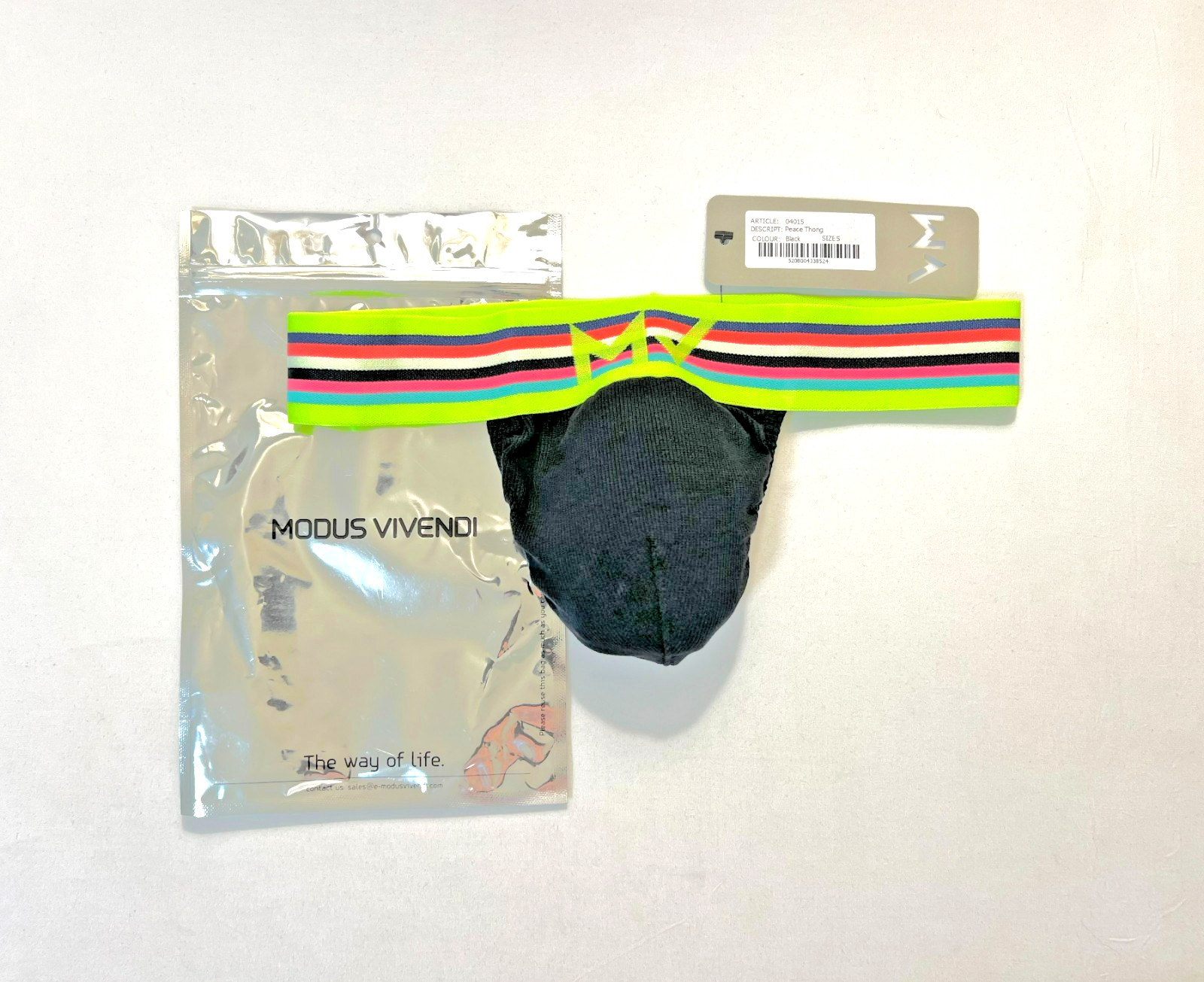 Modus Vivendi Size S Ribbed Cotton Peace T-Back Thong – Black/Multi Color