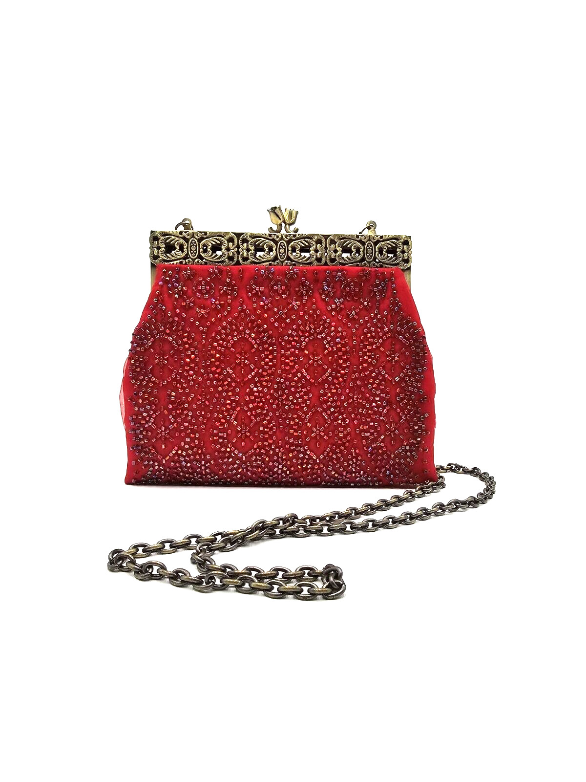 Inge Christopher Luxury Evening Mini Beaded Bag Brass Chain Strap Copper Red