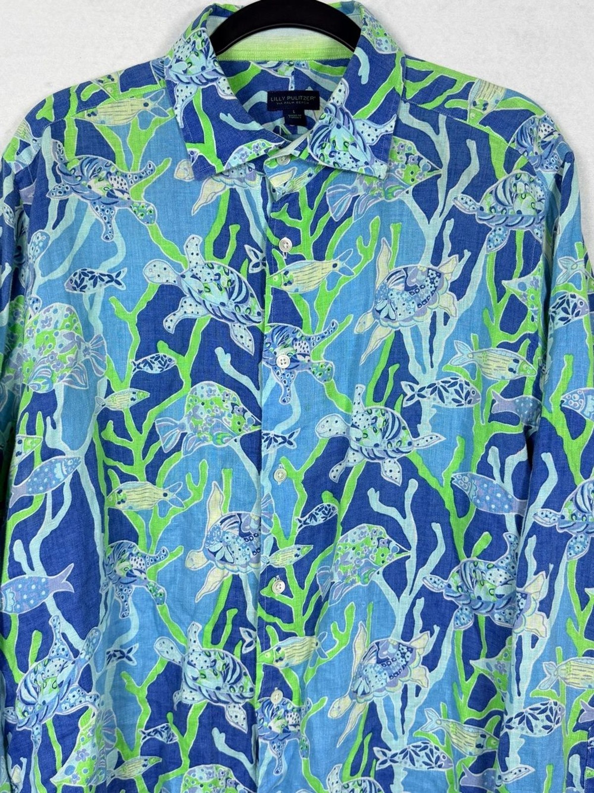 Lilly Pulitzer Men’s Stuff Wyeth 100% Linen Shirt L Sea Turtle Coral Blue Print