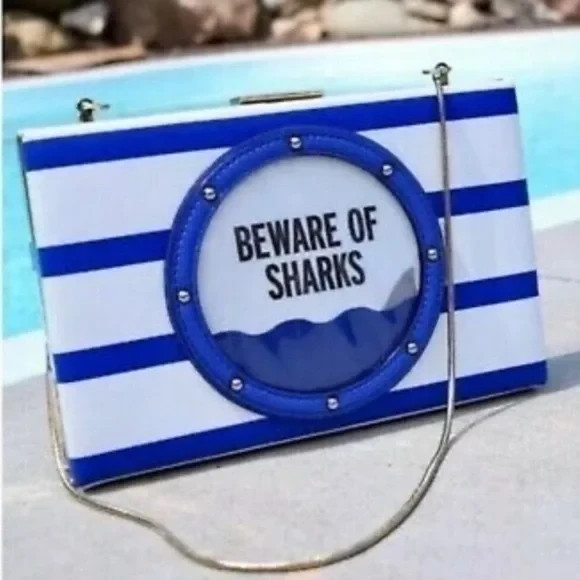 NWT KATE SPADE Emanuelle Make A Splash Beware Of Sharks Blue Stripe Clutch Purse