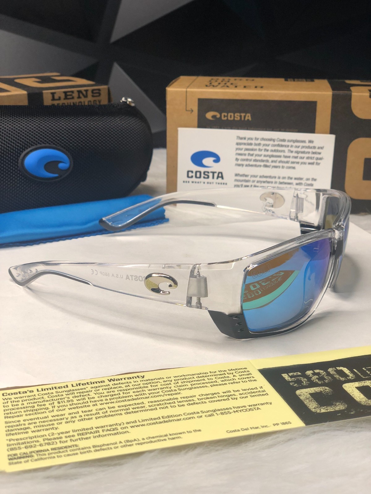 New In Box Costa Del Mar Crystal Blue Mirror 580P Polarized Sunglasses UV