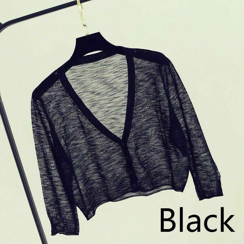 Women Sweater Shrug Crop Top Coat 3/4 Sleeve Knit Cardigan Button Down Sheer