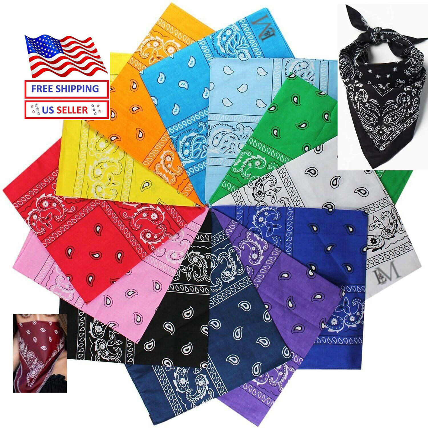 LOT OF 12-“PASLEY” 100 % COTTON BANDANAS SCARVES 21 X 21 ” DOUBLE SIDE PRINT