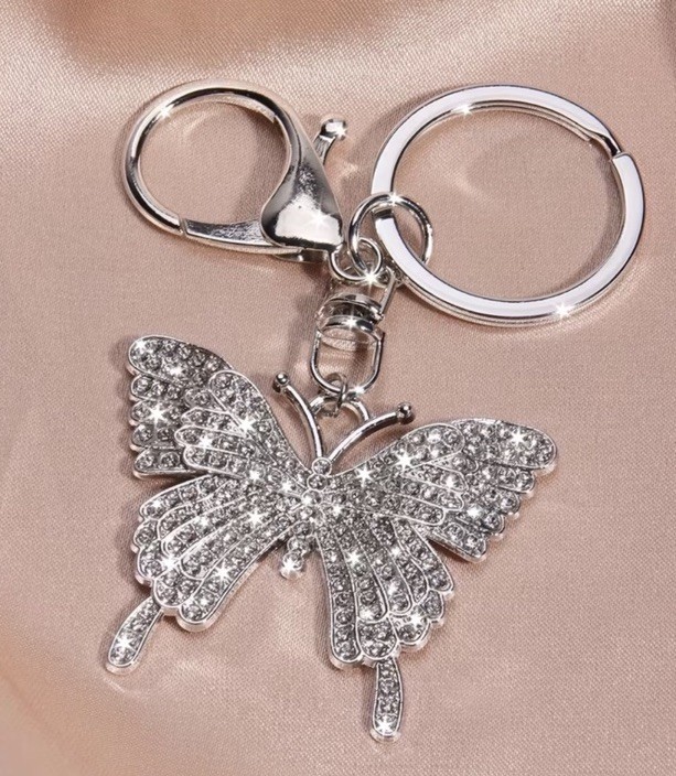 Silver Colored Crystal Butterfly Keychain Metal Lobster Clasp Brand New