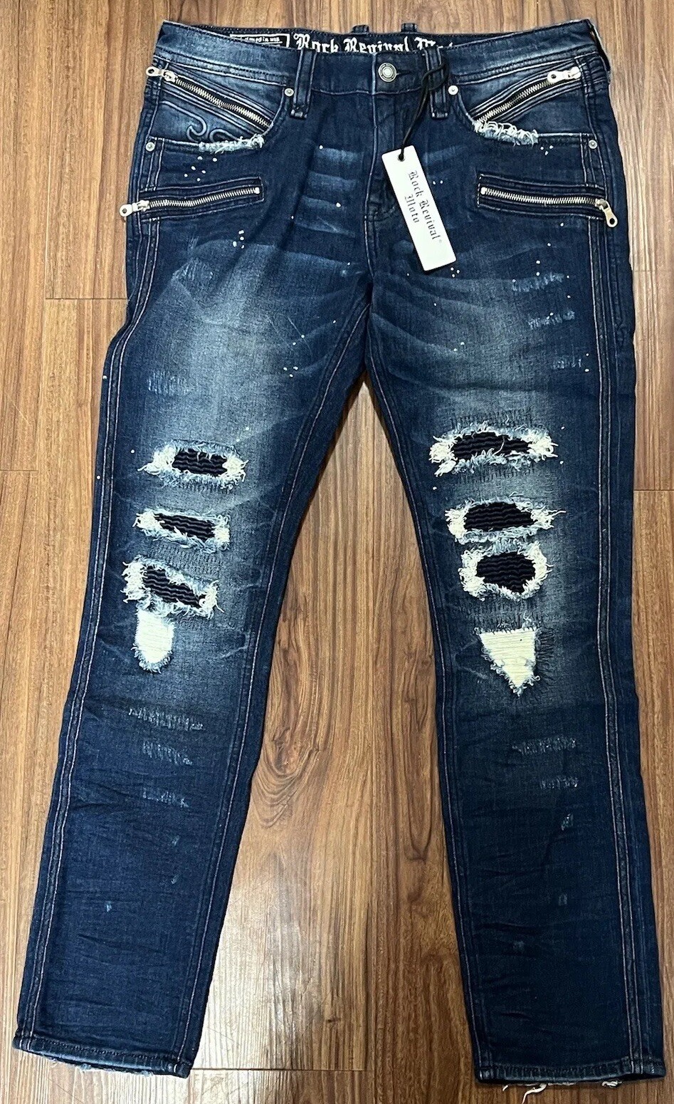 Rock Revival Moto Distressed Rip Zipper Vaclar Jeans RR Motorcycle Biker 32×31
