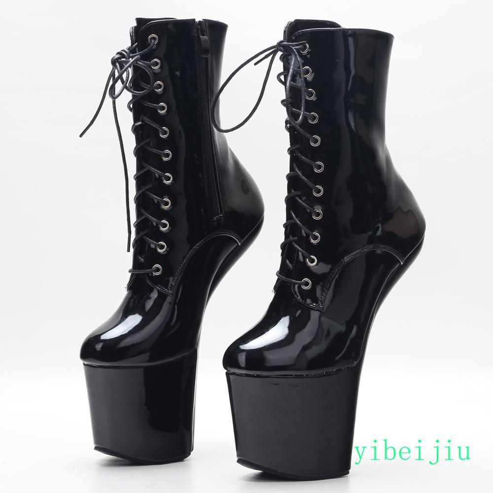 Women’s High Platform Heelless Ankle Boots Glossy Shiny Leather Dance Shoes 20CM