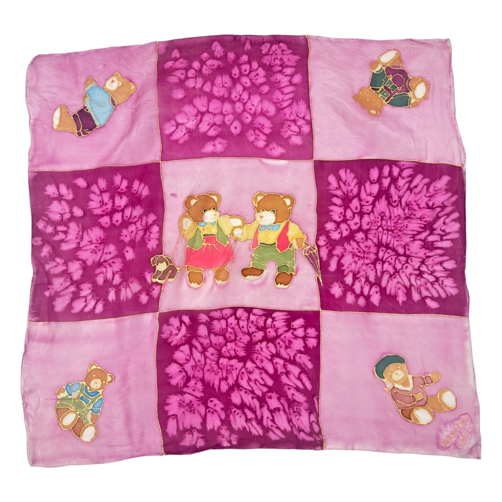 Silk scarf hand painted 55×55 cm teddy bears pink tie dye scarf unique