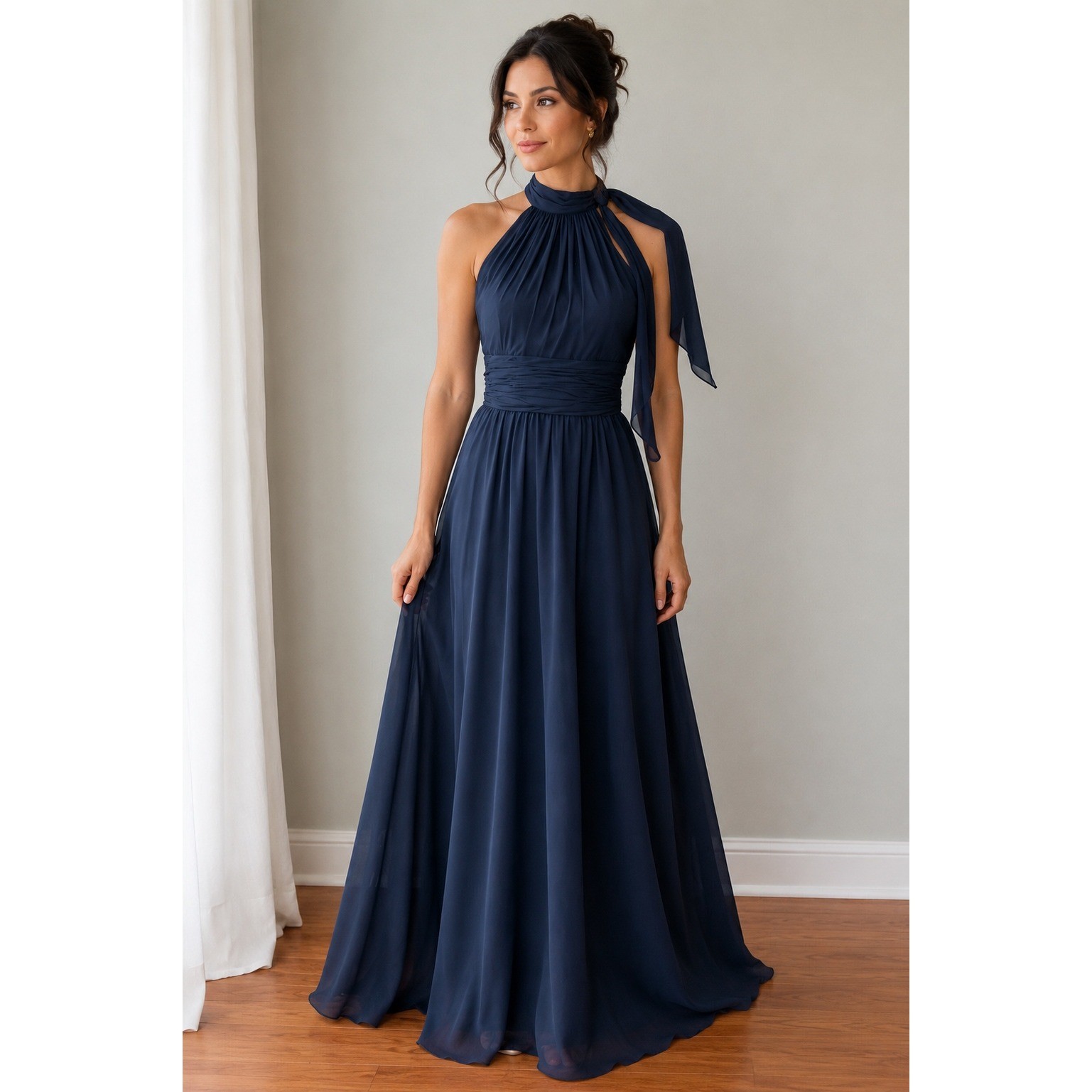 Mori Lee Madeline Gardner Navy Blue Chiffon Halter Neck Evening Gown Dress 8