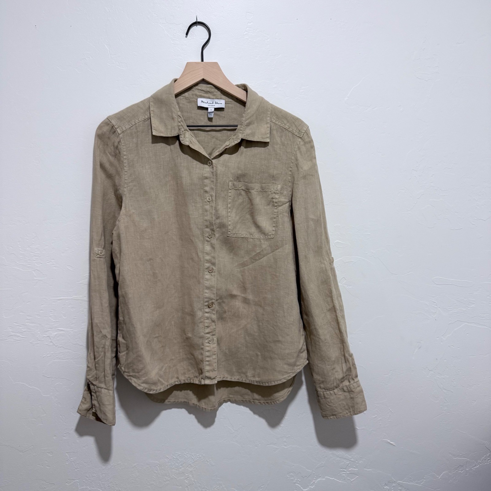 Michael Stars 100% Linen Button Down Shirt Khaki Long Sleeve Roll Tab Collared