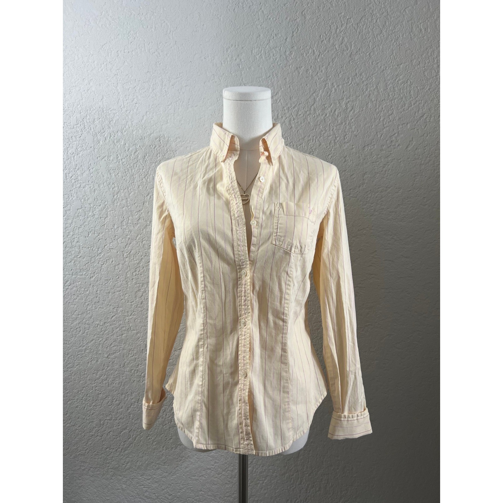 American Eagle Pale Yellow Pinstripe Button Down Shirt Size 2 XS Fitted Poplin