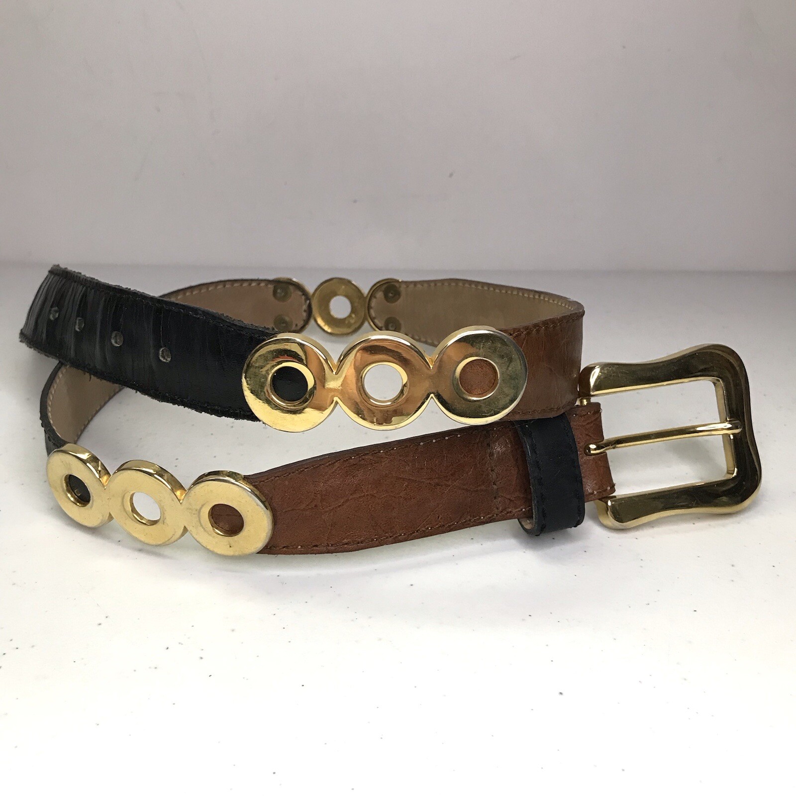 Affari Leather Bi-color Brown Black Women’s Fashion Belt Golden Hardware Small