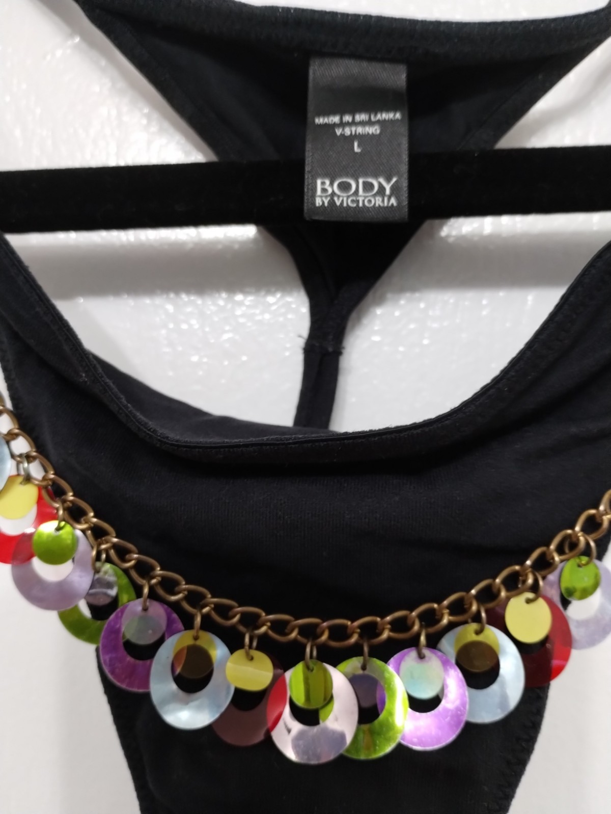 New Vintage Black Size L Thong With Removable Sequin Chain Body By Victoria