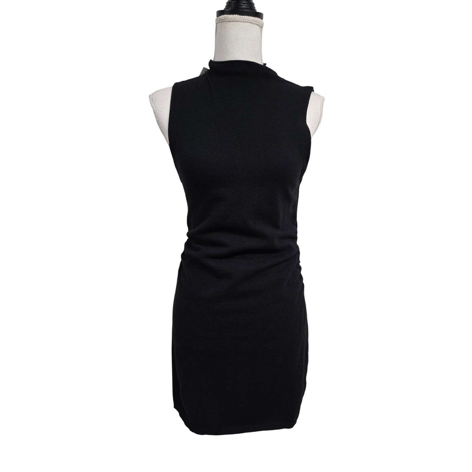 LNA Clothing Black Ruched Mock Neck Sleeveless Knit Mini Dress Medium NEW