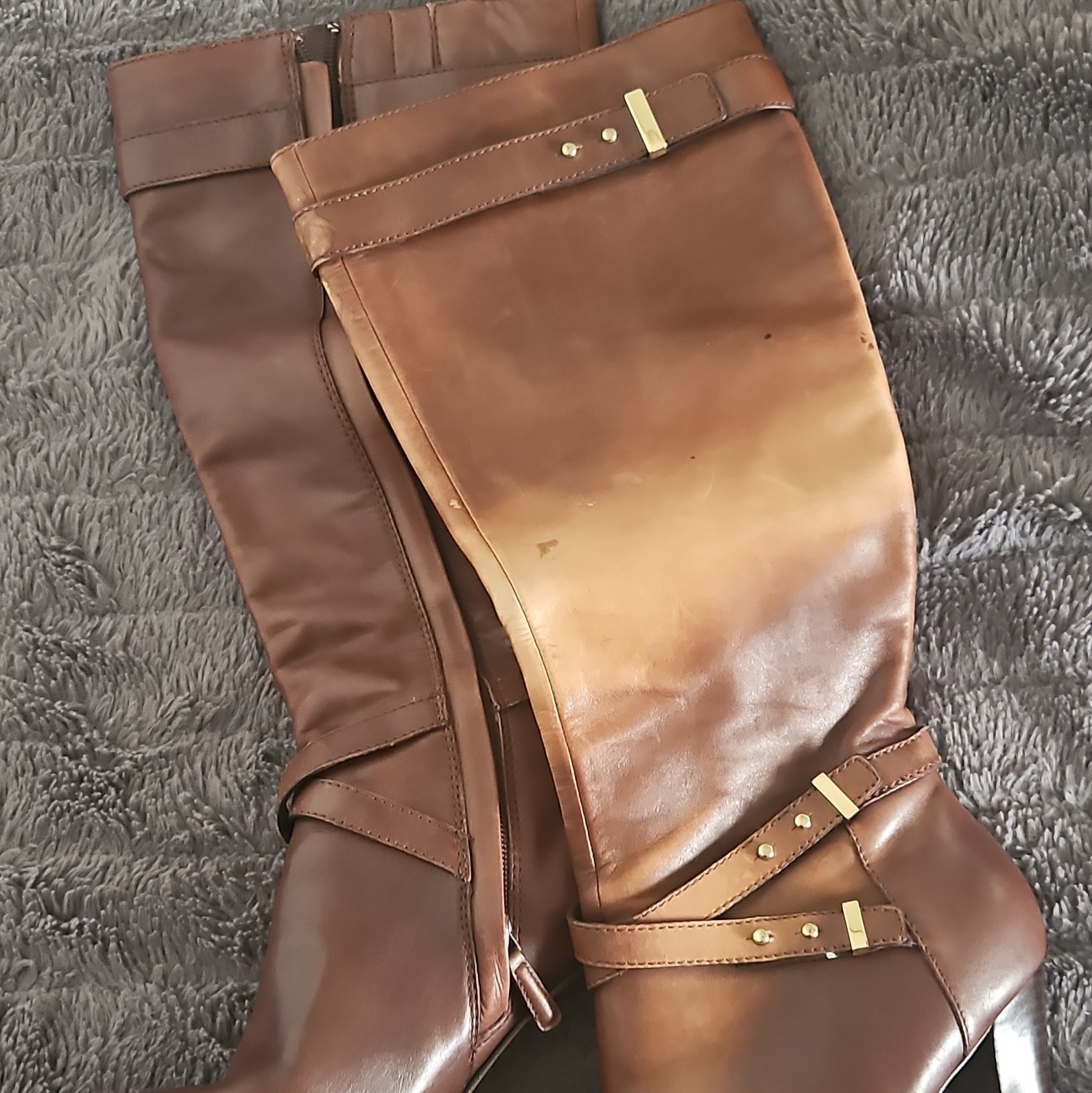 Nine West Brown Leather Knee High Riding Boots Round Toe Zip Straps Buckle 7.5B