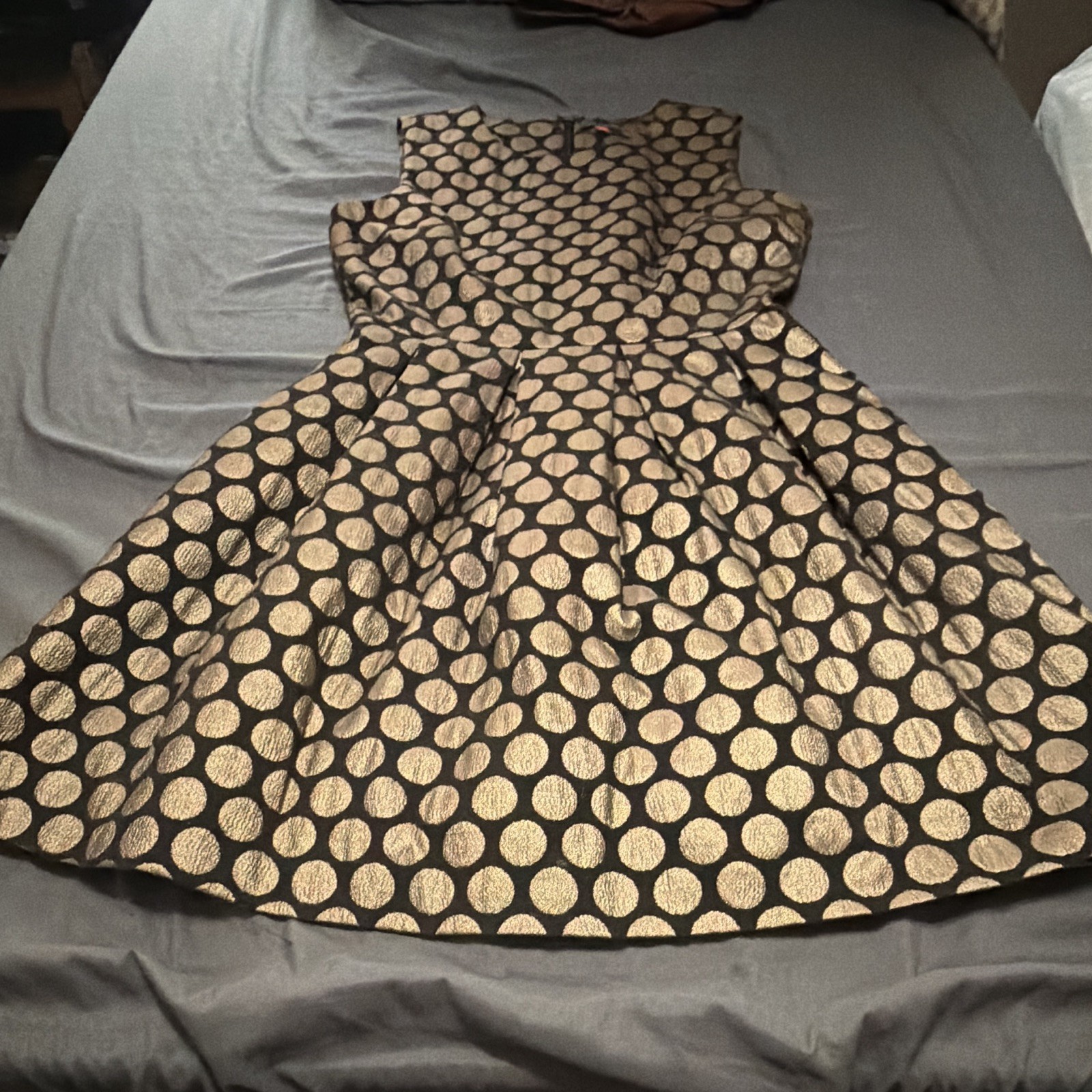 Vince Camuto Black/Gold Polka Dot Fit & Flare Knee Dress Sleeveless Zip 8