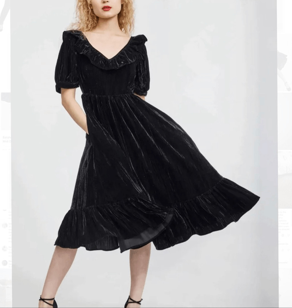 Batsheva May Midi Dress Crushed Velvet 4 Black Ruffled Tiered V-Neck Short Sleev
