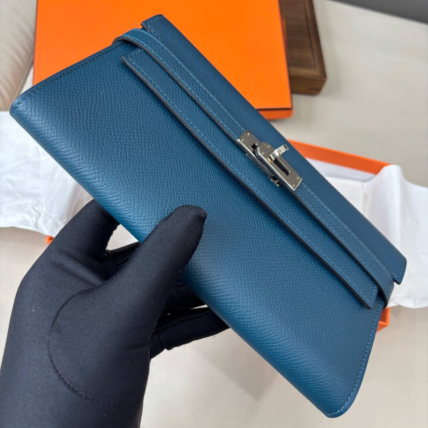 Excellent Hermes Kelly Epsom Leather Blue Long Wallet Clutch Silver Hardware