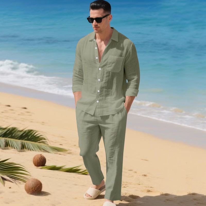 Men’s Loose Collar Shirt Long Sleeve Pants Set Spring & Summer