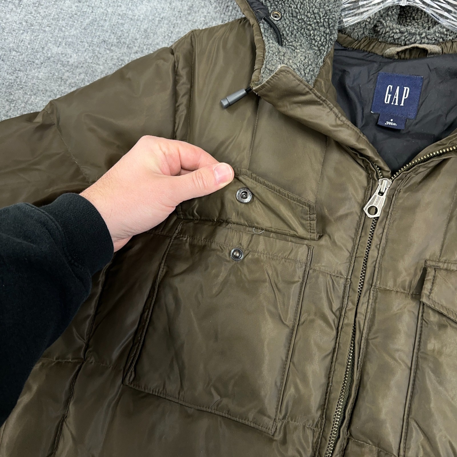 GAP Parka Coat Men Small Olive Green Military Puffer Jacket Down Hood Lined